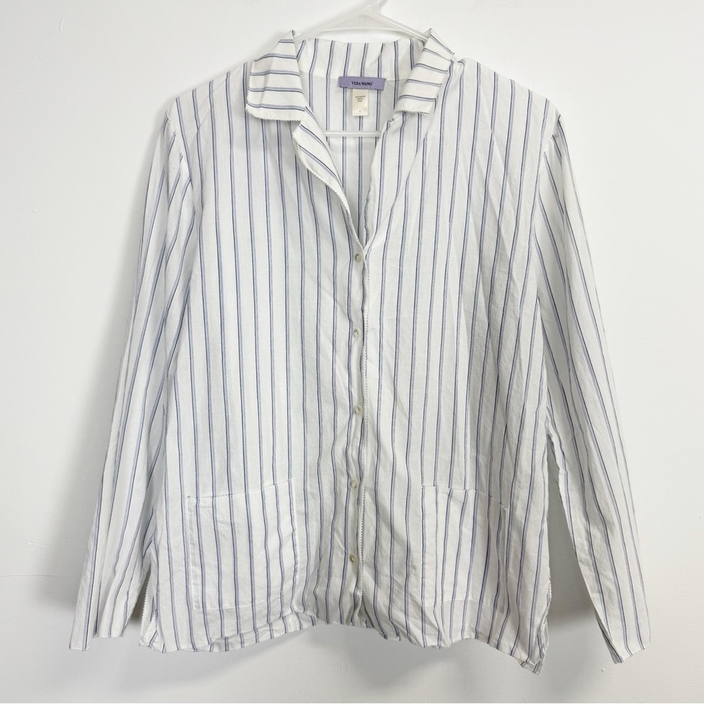 Vera Wang Pajama Shirt Womens Small White Blue Striped Button Top Lounge